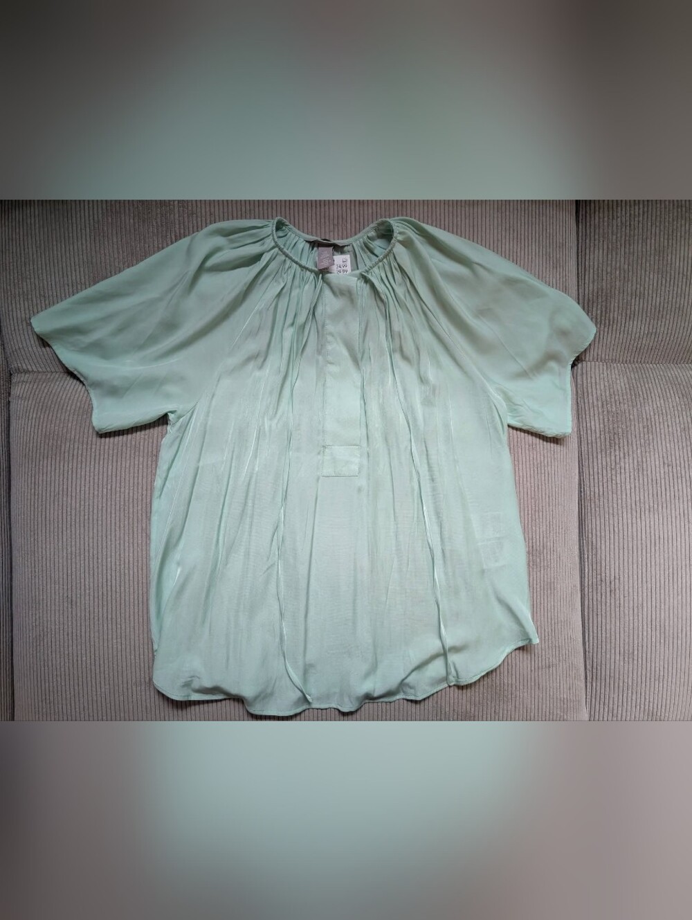 H&M Mint Green Short Sleeve Gathered Neck Blouse